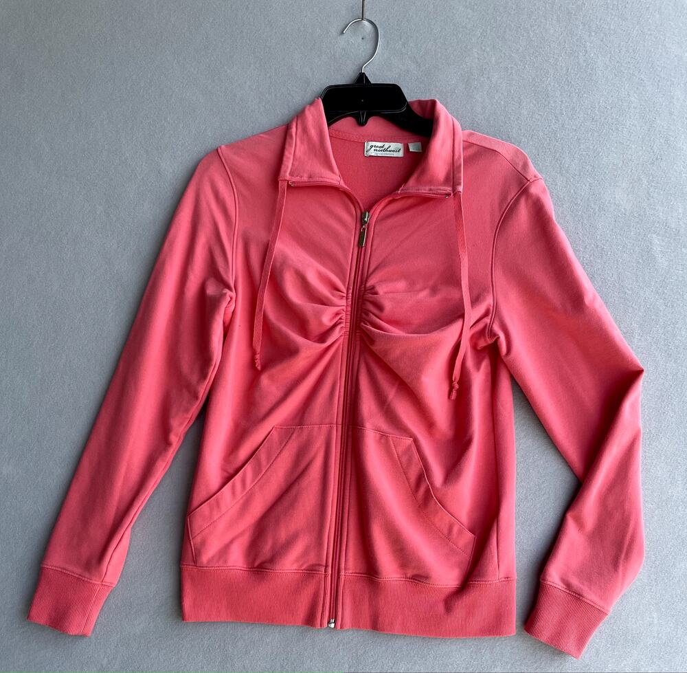 GREAT NORTHWEST CORAL PINK RUCHED FULL ZIP JACKET SPORTY MOCK NECK - SIZE S